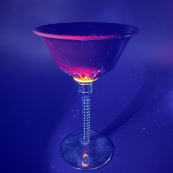 Art Deco Ruby Red Cadmium UV Glow Cocktail Glass Cups Chrome Stems Glasses Set 2 - Picture 6 of 16